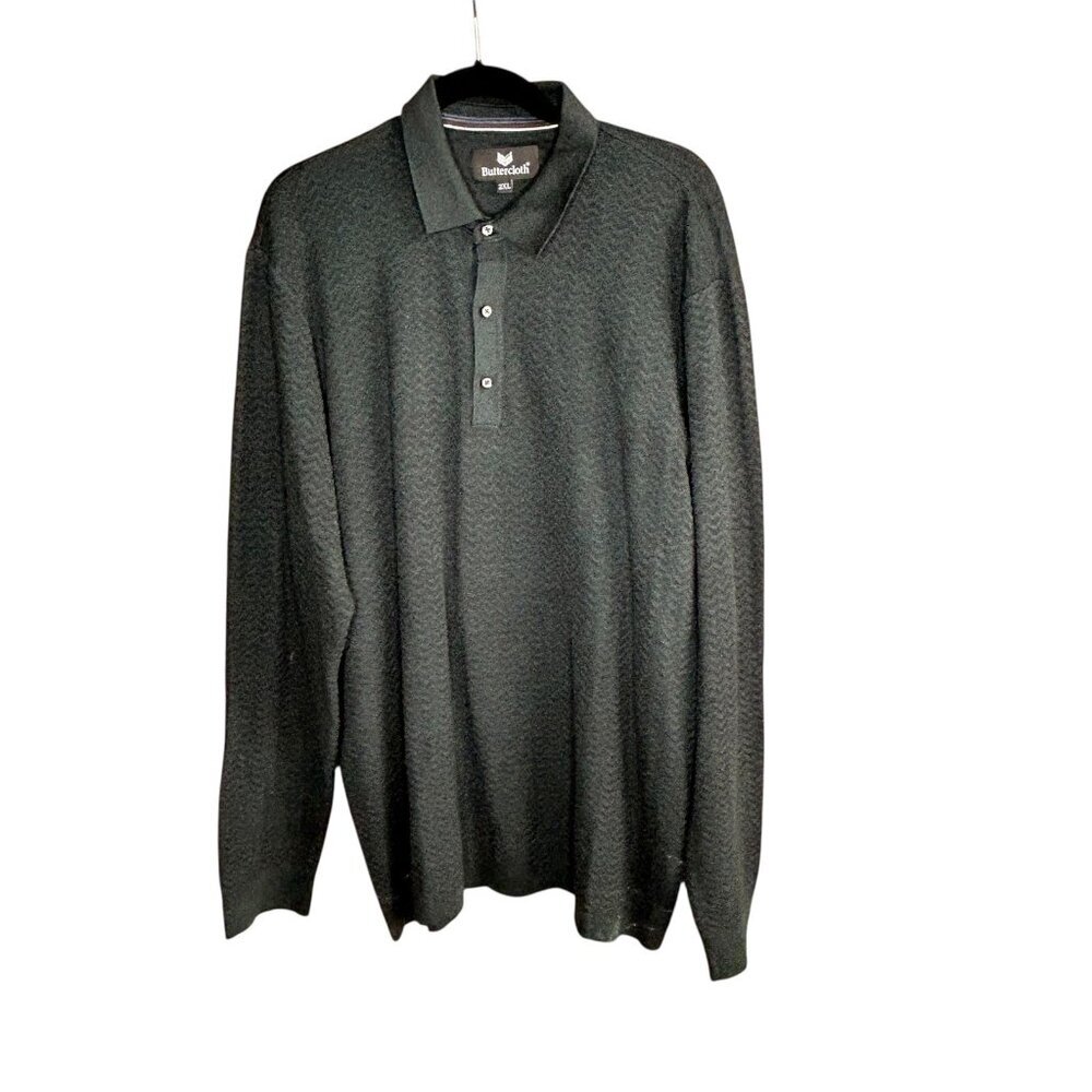 Buttercloth Men’s Polo Sweater Long Sleeve Dark Green Chevron Texture Size 2XL - Picture 2 of 9